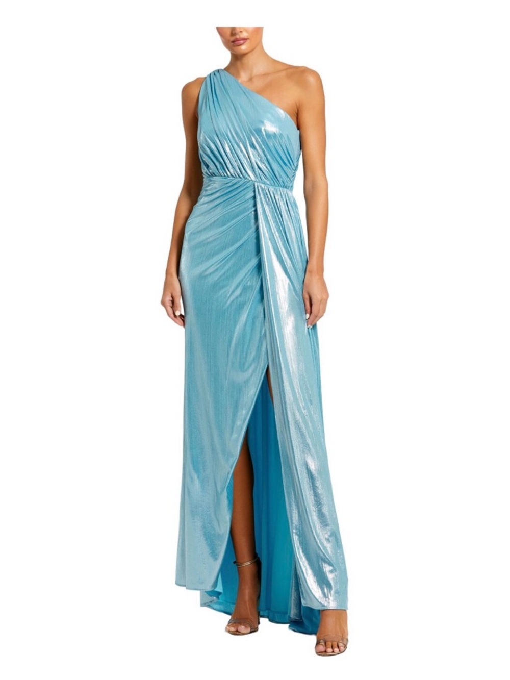 Mac Duggal One-Shoulder Metallic Aqua Evening Gown